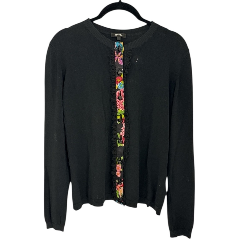 ESCADA Black Knit Cardigan with Contrast Floral Placket - EU44 fits like a 4-6